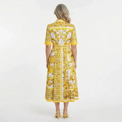 Yellow Majolica print cotton midi shirt dress