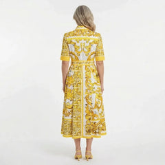 Yellow Majolica print cotton midi shirt dress
