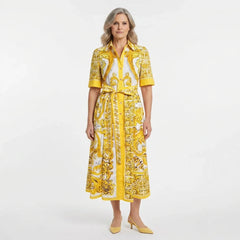 Yellow Majolica print cotton midi shirt dress