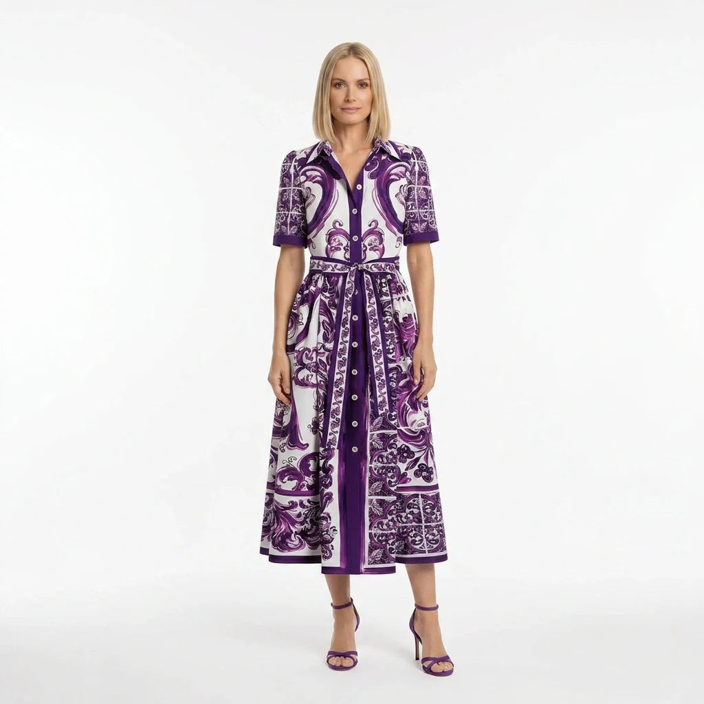 Purple Majolica print midi cotton shirt dress