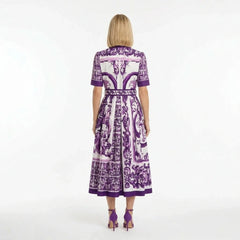 Purple Majolica print midi cotton shirt dress