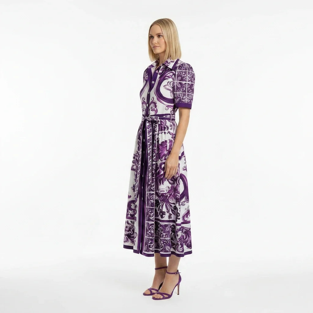 Purple Majolica print midi cotton shirt dress