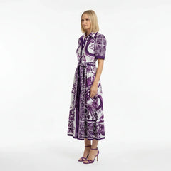 Purple Majolica print midi cotton shirt dress