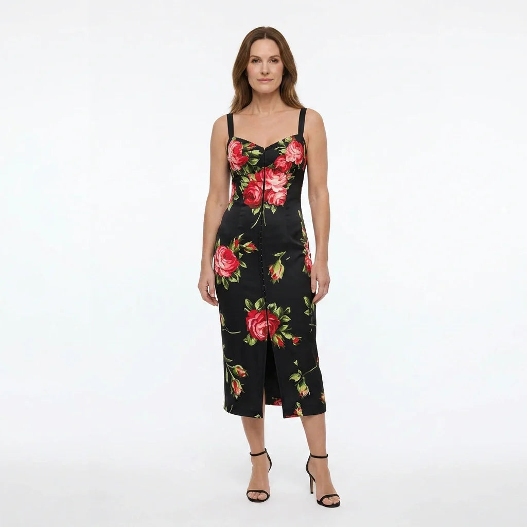 Midnight Roses Pure Silk Lingerie-Style Midi Dress
