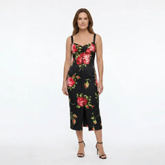 Midnight Roses Pure Silk Lingerie-Style Midi Dress