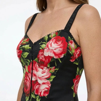 Midnight Roses Pure Silk Lingerie-Style Midi Dress