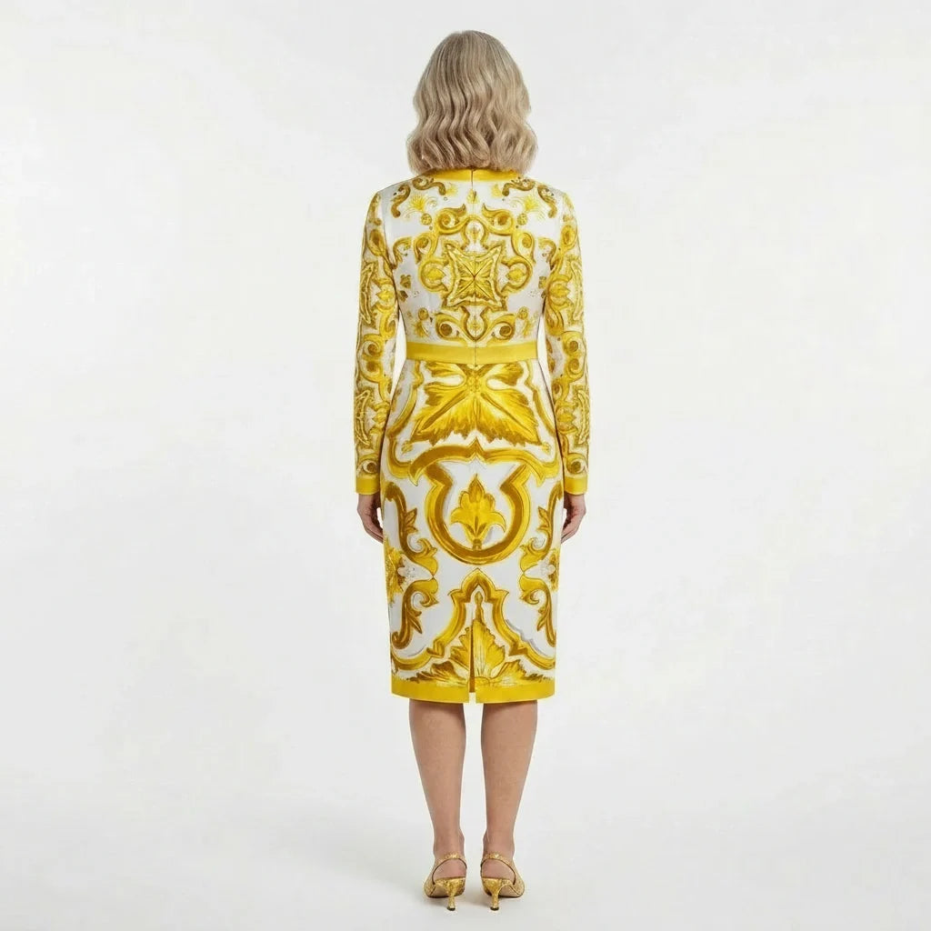 Yellow Majolica print long sleeve silk midi dress