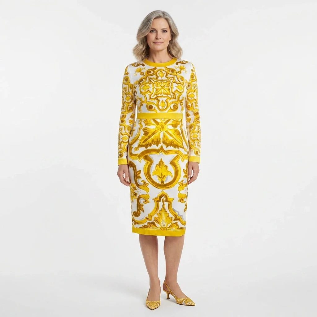 Yellow Majolica print long sleeve silk midi dress