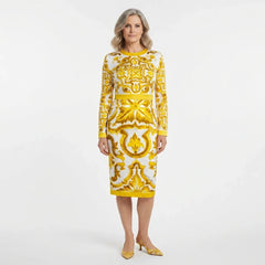 Yellow Majolica print long sleeve silk midi dress