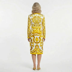 Yellow Majolica print long sleeve silk midi dress