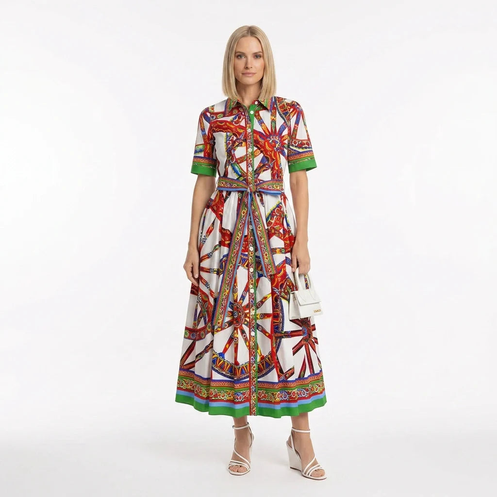 Sicilian Carretto Cotton Midi Shirt Dress