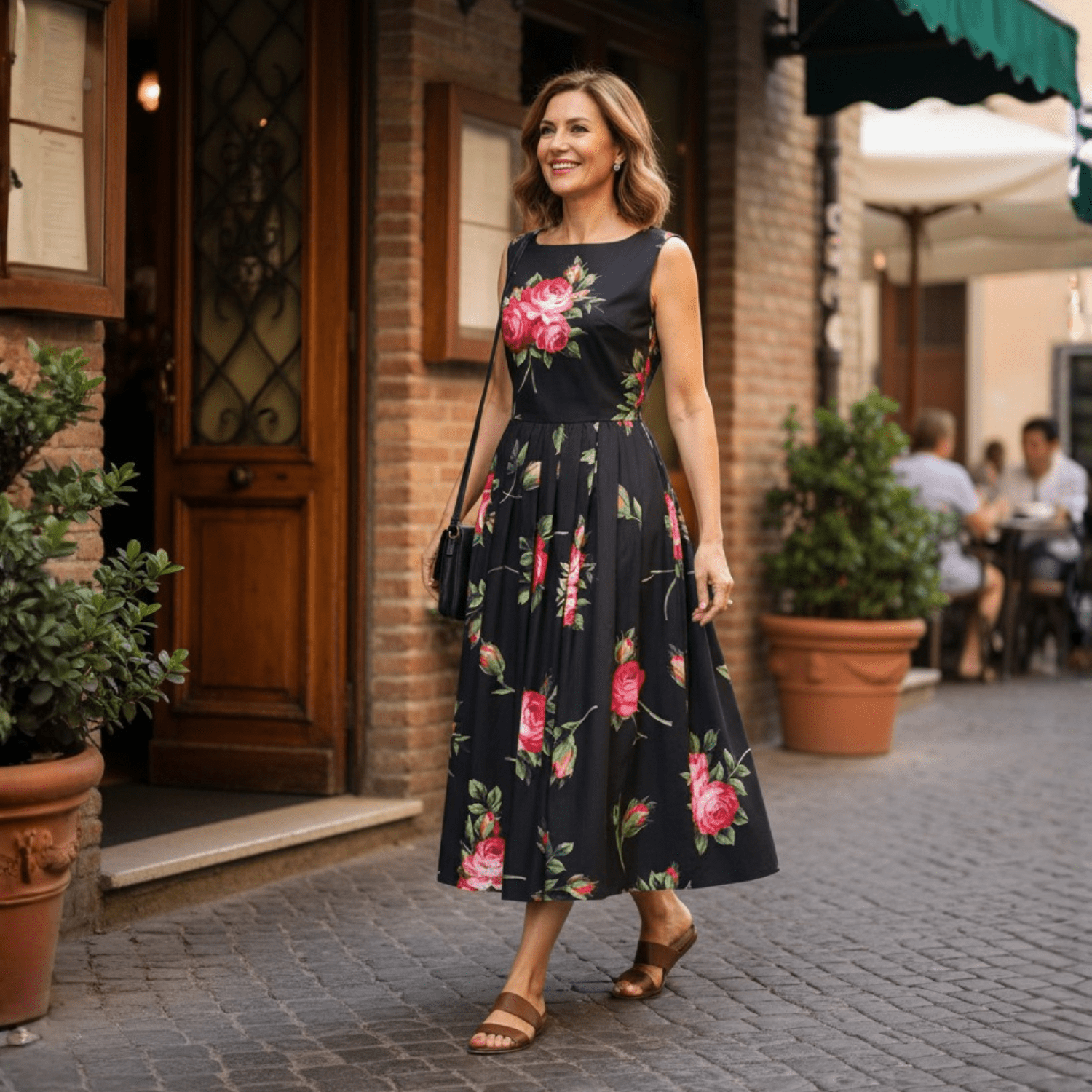 Midnight Roses Cotton Midi Dress with Pockets