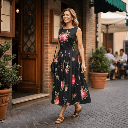 Midnight Roses Cotton Midi Dress with Pockets