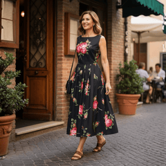 Midnight Roses Cotton Midi Dress with Pockets