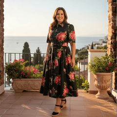 Midnight Roses Cotton Midi Shirt Dress