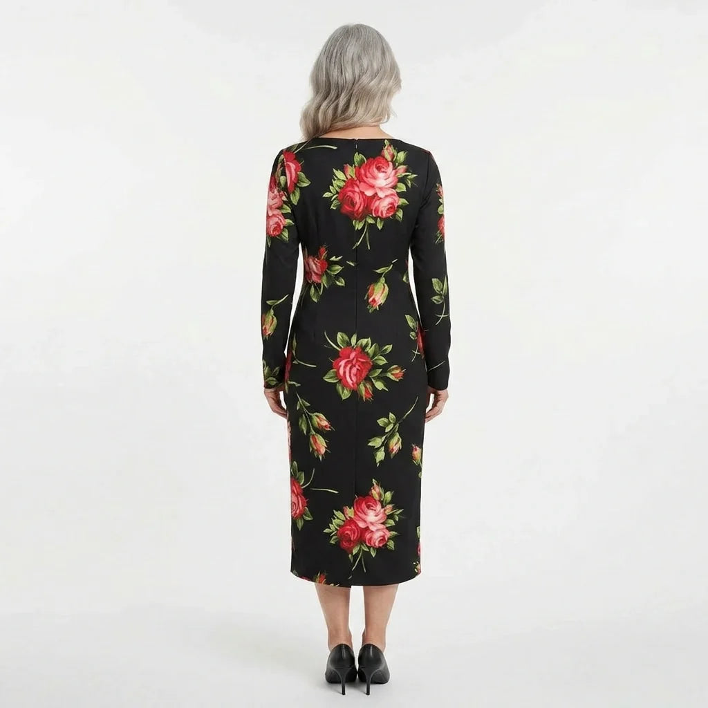 Midnight Roses Pure Silk Long Sleeve Midi Dress