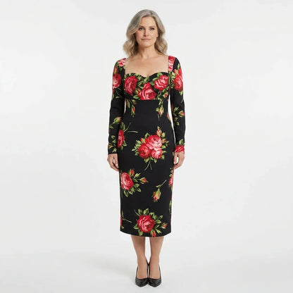 Midnight Roses Pure Silk Long Sleeve Midi Dress