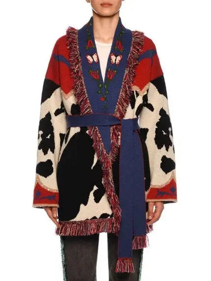Multi Pattern Cow-Intarsia Belted Cardigan