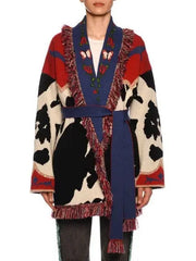Multi Pattern Cow-Intarsia Belted Cardigan