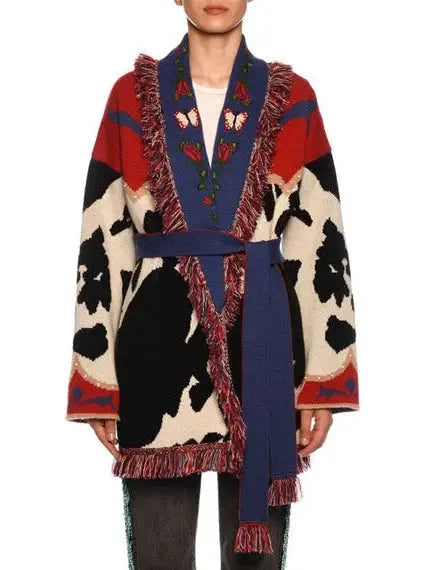 Multi Pattern Cow-Intarsia Belted Cardigan