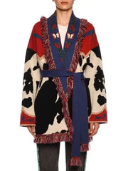 Multi Pattern Cow-Intarsia Belted Cardigan