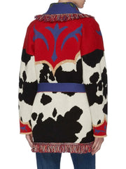 Multi Pattern Cow-Intarsia Belted Cardigan