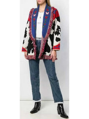 Multi Pattern Cow-Intarsia Belted Cardigan