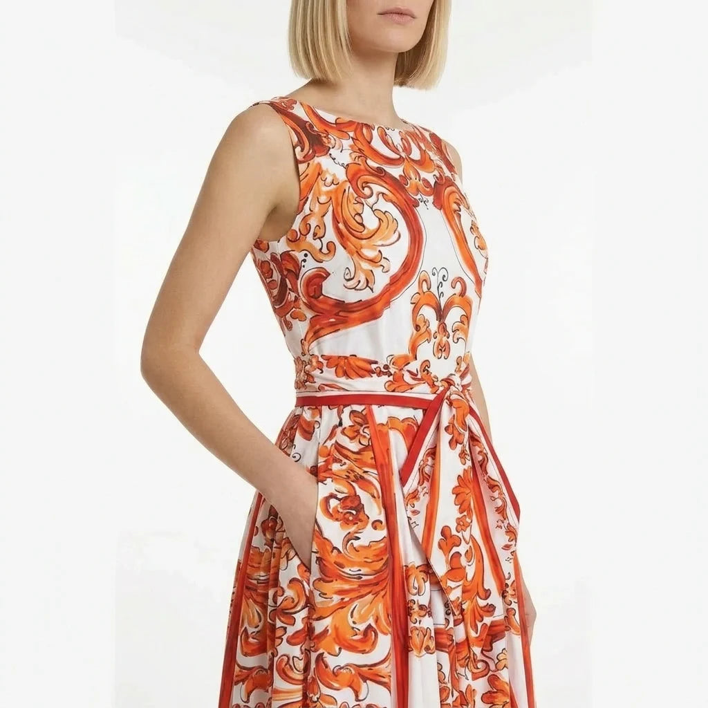 Orange Majolica Cotton Midi Dress with Bow Belt