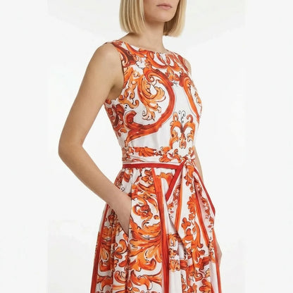 Orange Majolica Cotton Midi Dress with Bow Belt