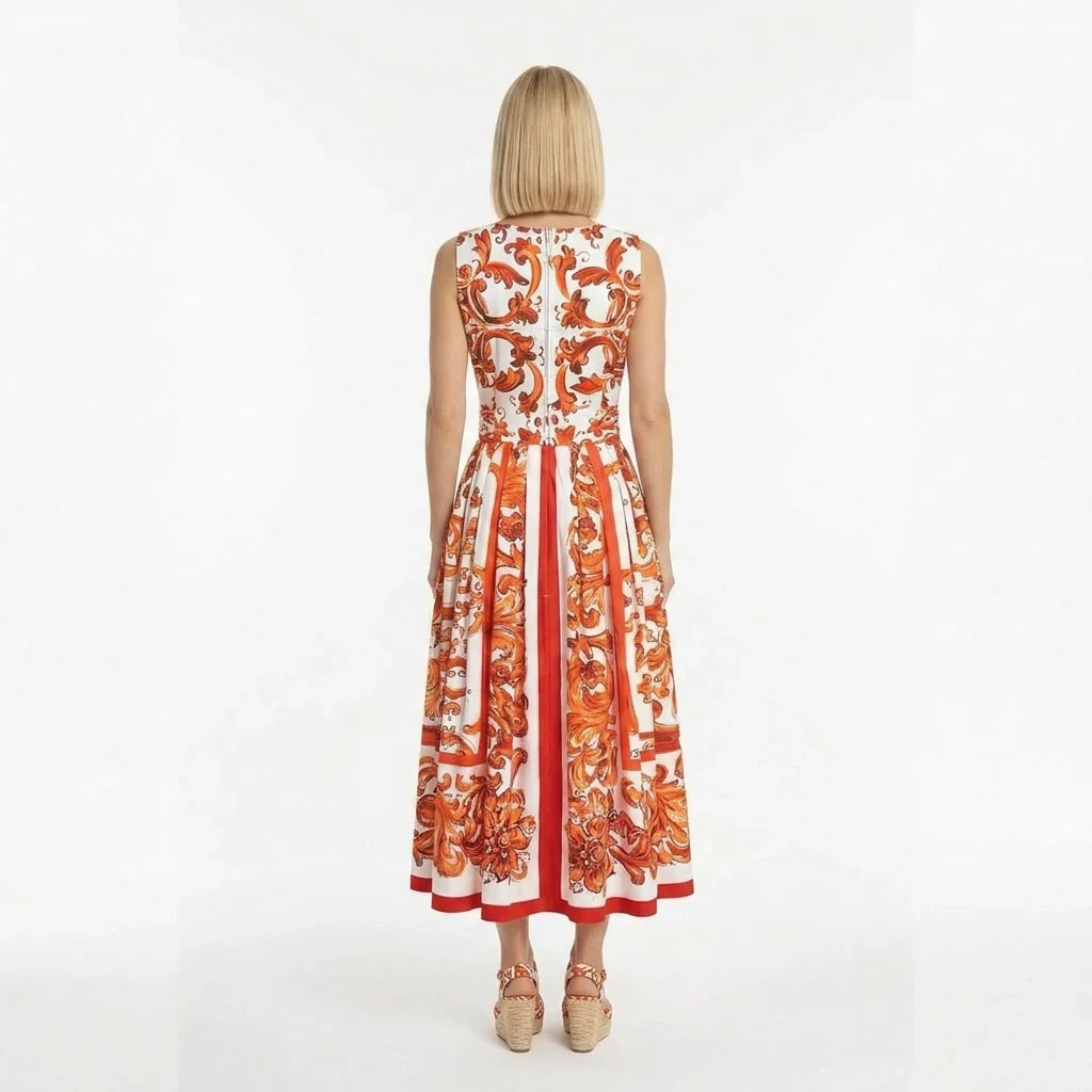 Orange Majolica Cotton Midi Dress with Bow Belt