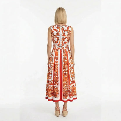 Orange Majolica Cotton Midi Dress with Bow Belt