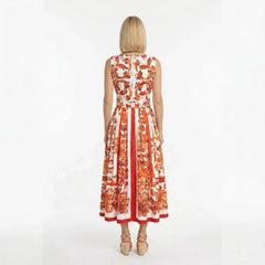 Orange Majolica Cotton Midi Dress with Bow Belt