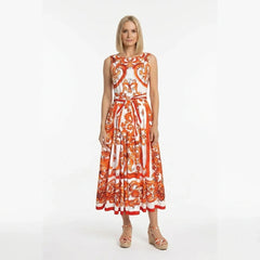 Orange Majolica Cotton Midi Dress with Bow Belt