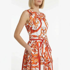 Orange Majolica Cotton Midi Dress with Bow Belt