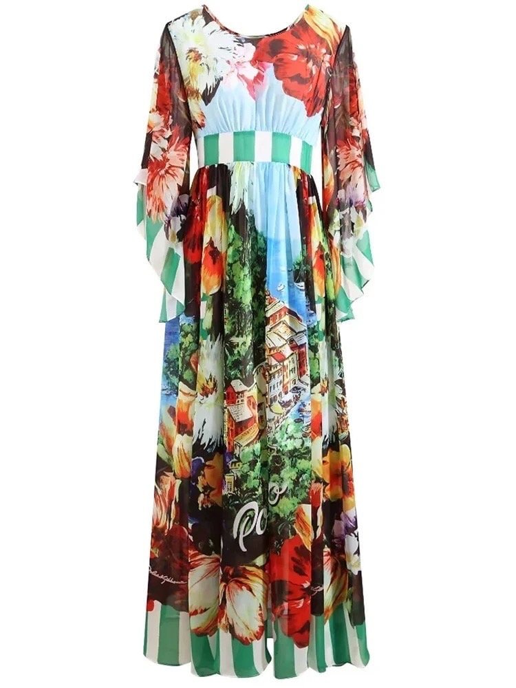 OUTLET: Italian luxury chiffon fabric (Portofino print) half sleeve dress, SIZE L / EU38 / US8