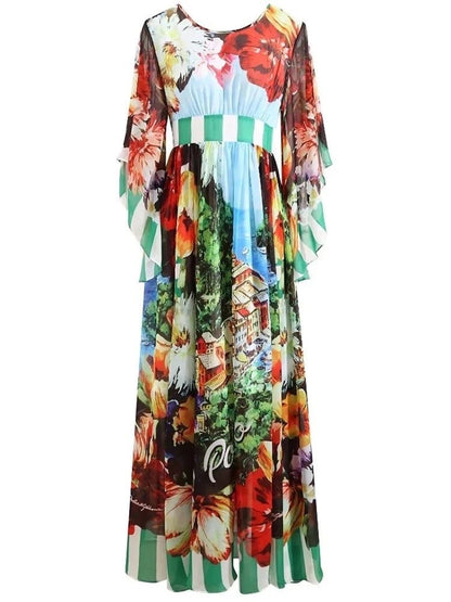 OUTLET: Italian luxury chiffon fabric (Portofino print) half sleeve dress, SIZE L / EU38 / US8