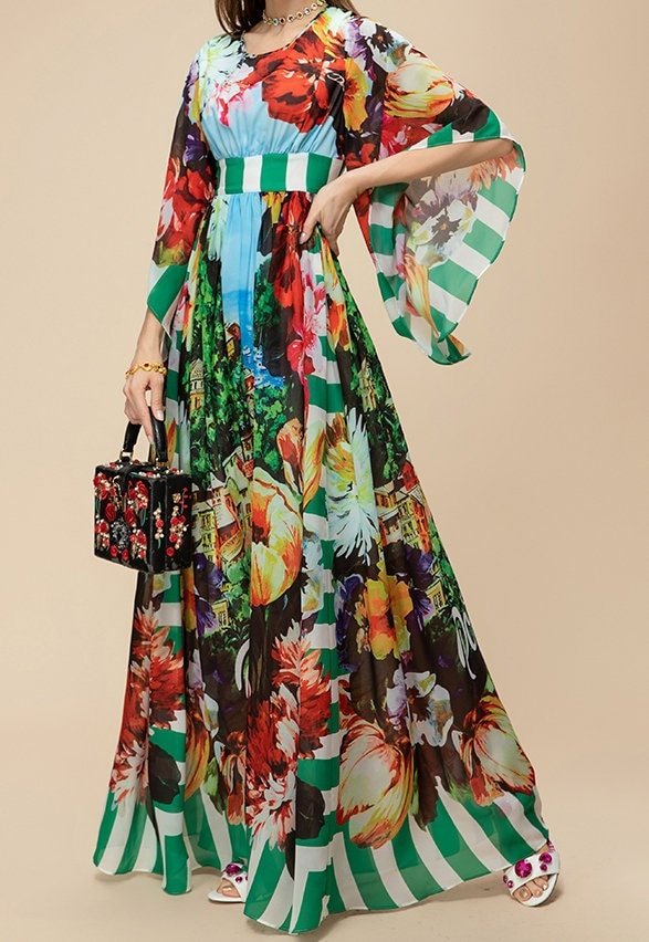 OUTLET: Italian luxury chiffon fabric (Portofino print) half sleeve dress, SIZE L / EU38 / US8