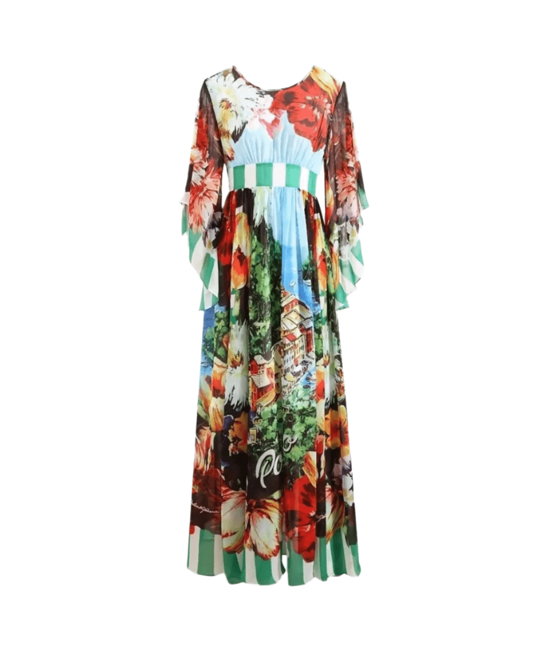 OUTLET: Italian luxury chiffon fabric (Portofino print) half sleeve dress, SIZE L / EU38 / US8