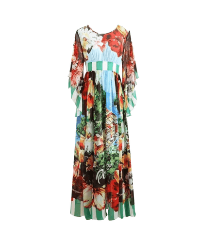 OUTLET: Italian luxury chiffon fabric (Portofino print) half sleeve dress, SIZE L / EU38 / US8