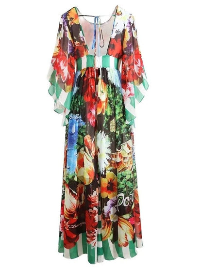 OUTLET: Italian luxury chiffon fabric (Portofino print) half sleeve dress, SIZE L / EU38 / US8