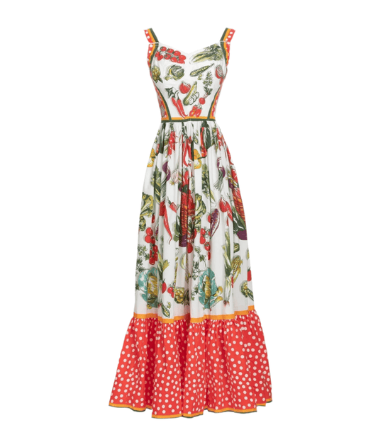 OUTLET: Italian Veggies print sleeveless cotton maxi dress, SIZE XL / EU40 / US10