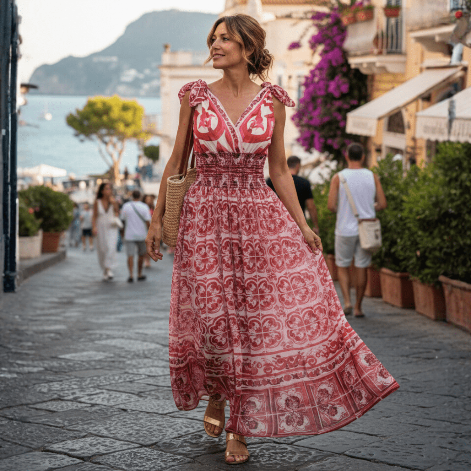 Red Majolica Chiffon Maxi Dress with Bow Straps