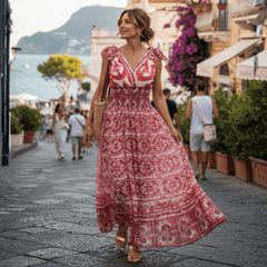 Red Majolica Chiffon Maxi Dress with Bow Straps