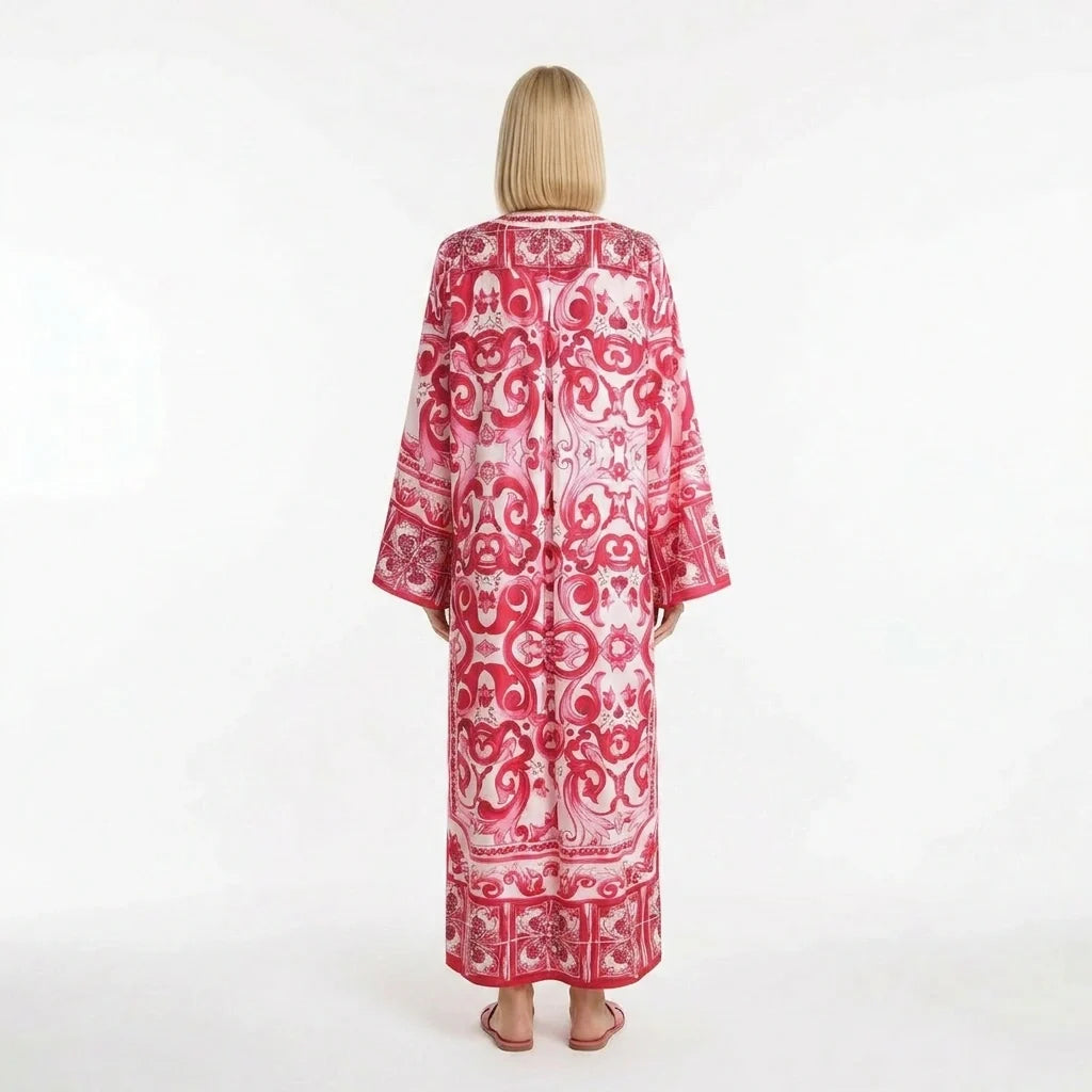 Red Majolica Porcelain print maxi Kaftan dress