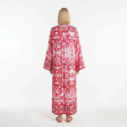 Red Majolica Porcelain print maxi Kaftan dress