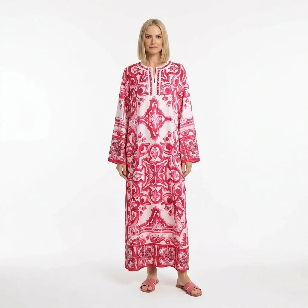 Red Majolica Porcelain print maxi Kaftan dress