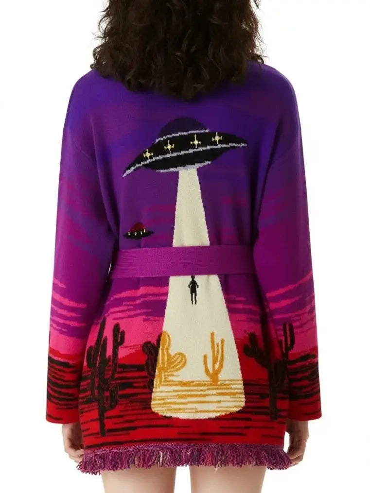 Purple Desert Landscape Belted Knit Cardigan