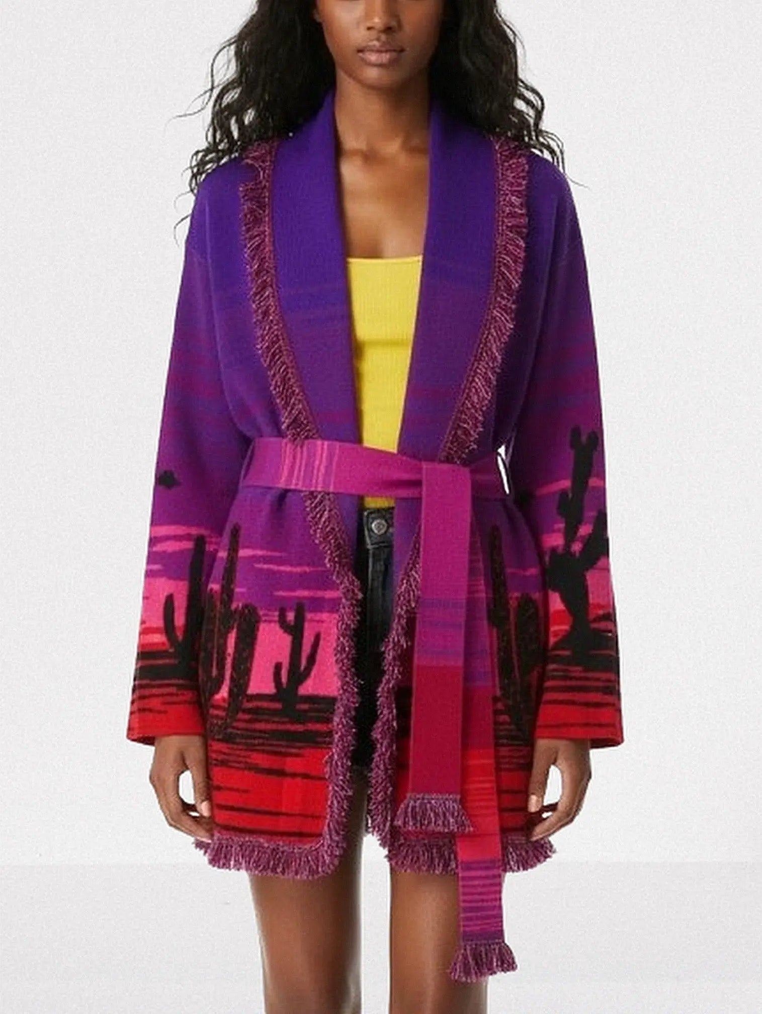 Purple Desert Landscape Belted Knit Cardigan