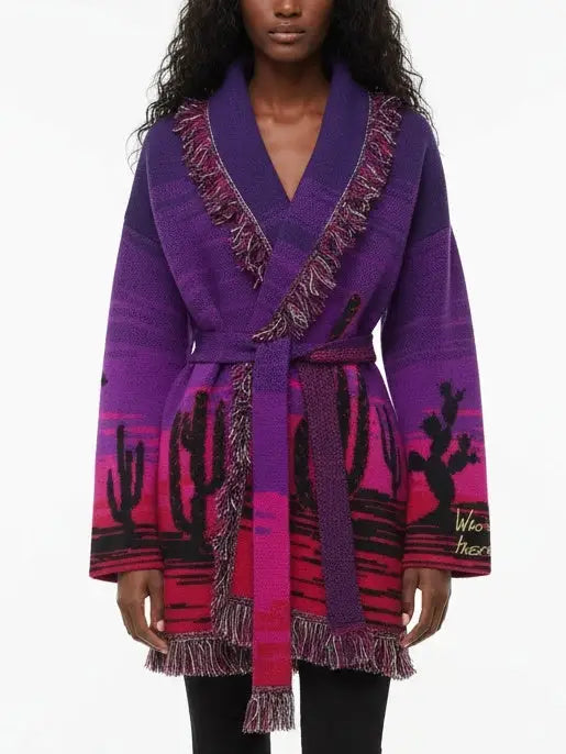 Purple Desert Landscape Belted Knit Cardigan