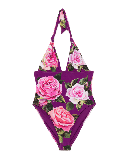 Purple roses print one piece swimsuit
